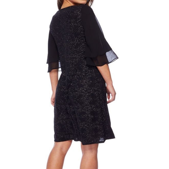 BLACK Glitter Frill Sleeves Knee Length Petite Dress - Picture 2 of 8